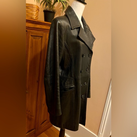SOLD Express Double Breasted Black Leather Pea Trench Coat Vintage - Picture 10 of 10